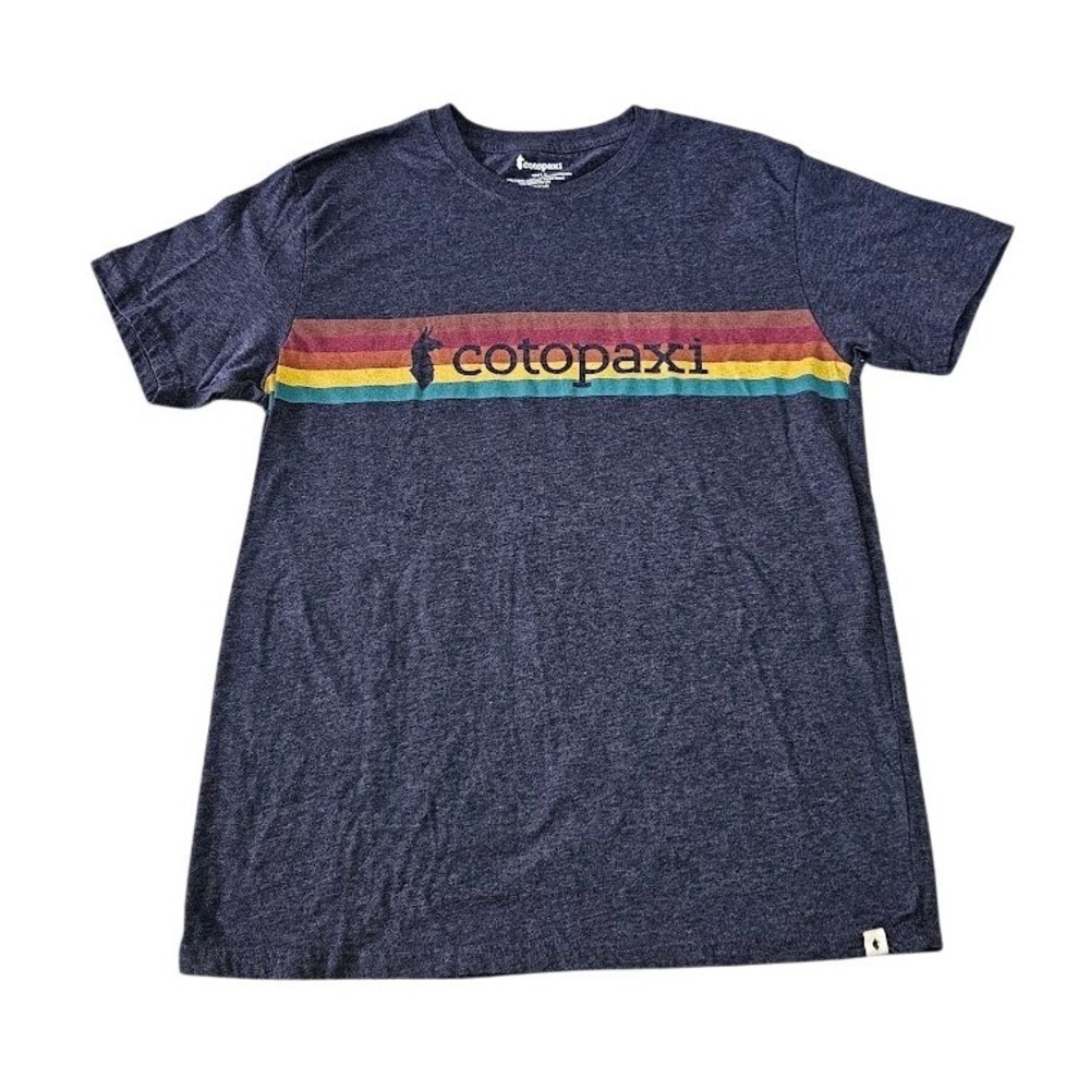 Cotopaxi Mens Medium Llama Stripe Graphic T-Shirt Navy Blue Organic Cotton